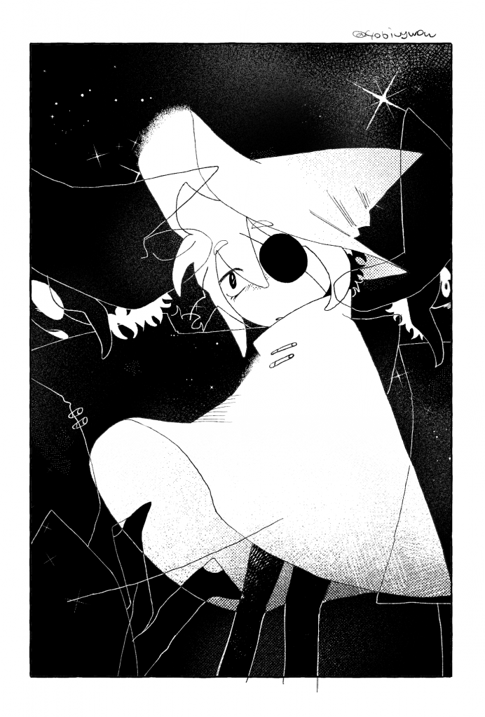 In Stars and Timeのシフランの絵。背景が黒く、右中央にシフランが1人いる。右端に立っているシフラン、また左側に走っているシフラン、転んでいるシフランが1人ずついる。