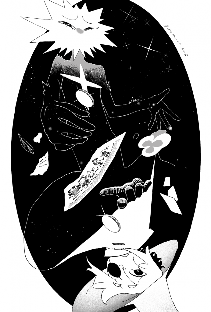 ループとシフランが画面上下に、かつ上下反対になるように描かれている絵。2人の間や周辺にはゲーム内の思い出の品がいくつか描かれている。