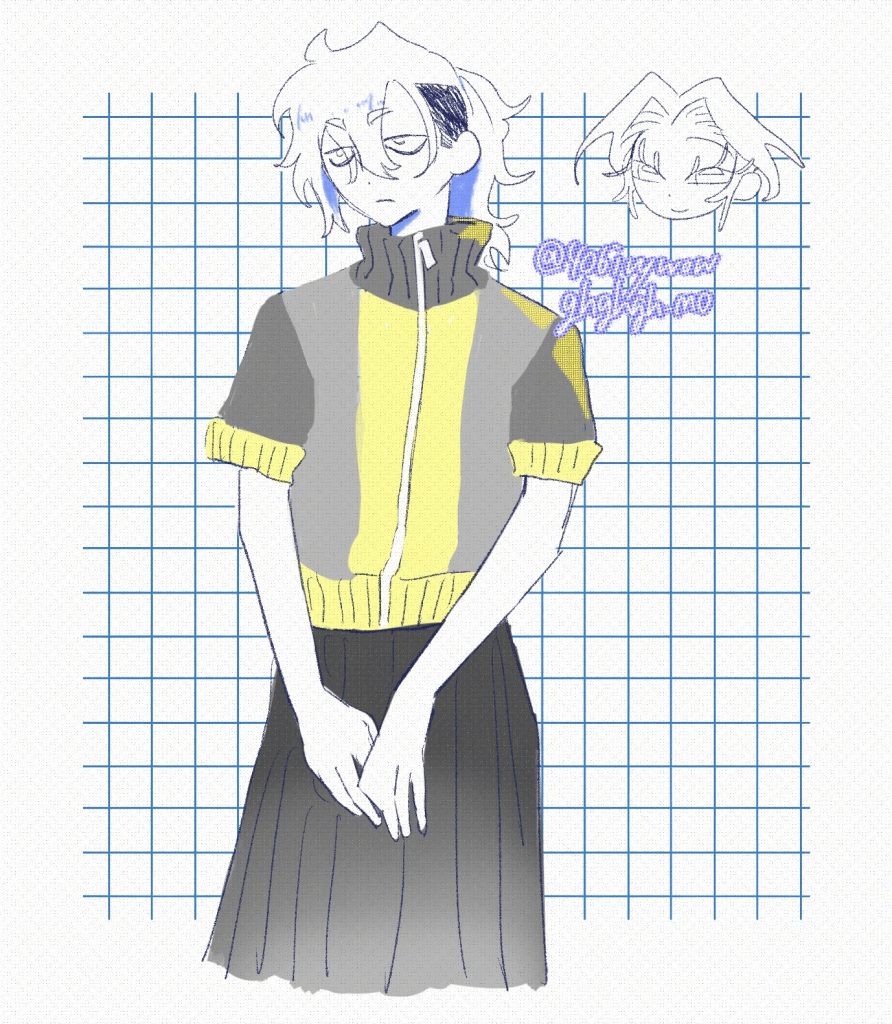 癖毛の髪を後ろでひとつ結びにしたジト目の人物が、暗めのグレー・明るめのグレー・明るめの黄色で構成されたジャージと、黒からグレーのグラデーションがかかったスカートを着ている。