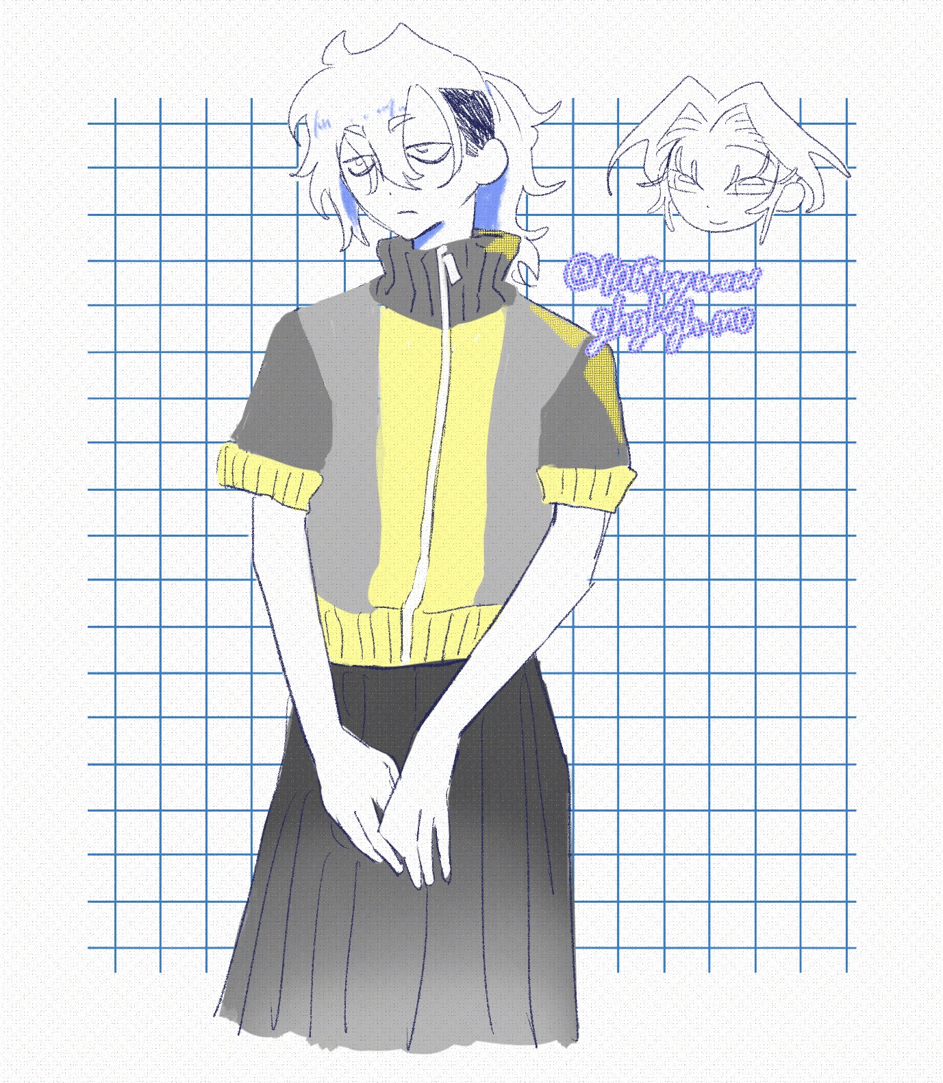 癖毛の髪を後ろでひとつ結びにしたジト目の人物が、暗めのグレー・明るめのグレー・明るめの黄色で構成されたジャージと、黒からグレーのグラデーションがかかったスカートを着ている。