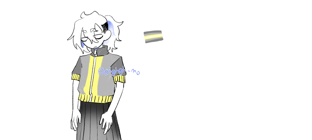 癖毛を後ろにひとつ結びにした人物が、deminonbinaryフラッグカラーのジャージと濃いグレーのスカートを着ている。