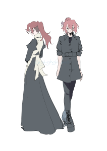 暗いピンク色の長髪の人物を描いている絵。 左では髪をポニーテールにし、足元まである黒のワンピースの上に白いエプロンを着て、画面左奥を向いている。 右では髪を丸く束ね、Tシャツの上に太もも丈の襟付きシャツを着て腰にベルトを巻いている。タイツとブーツを着用しており、正面を向いている。着用しているものは全て黒い。