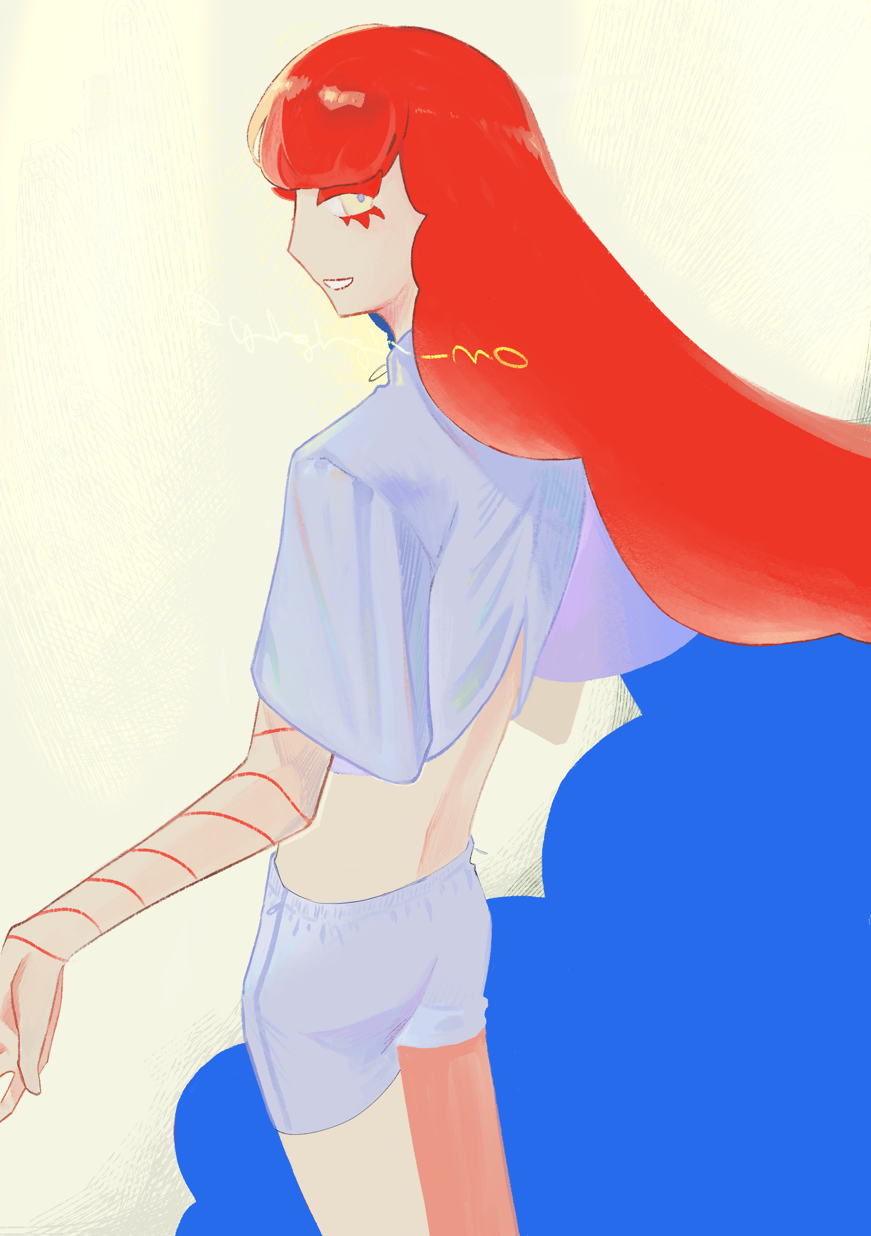 赤い長髪の人物が背中を向けた状態でこちらを振り返っている。髪は一枚の布のように描かれており、内側は青い。