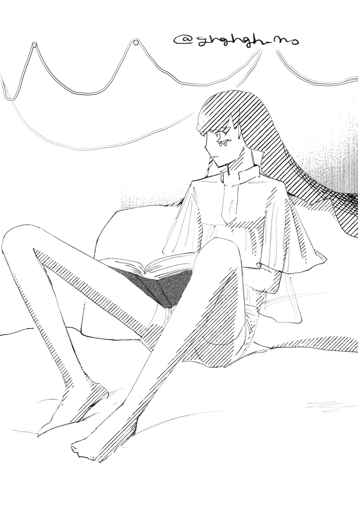 透けた質感の衣服を着た長髪の人物が、広いベッドのようなところに座り、壁に背中をもたれている。足は緩く立てており、太ももの上に本を載せている。これを書いた時点で、この人物をサイトでは“赤い人”と呼んでいる。