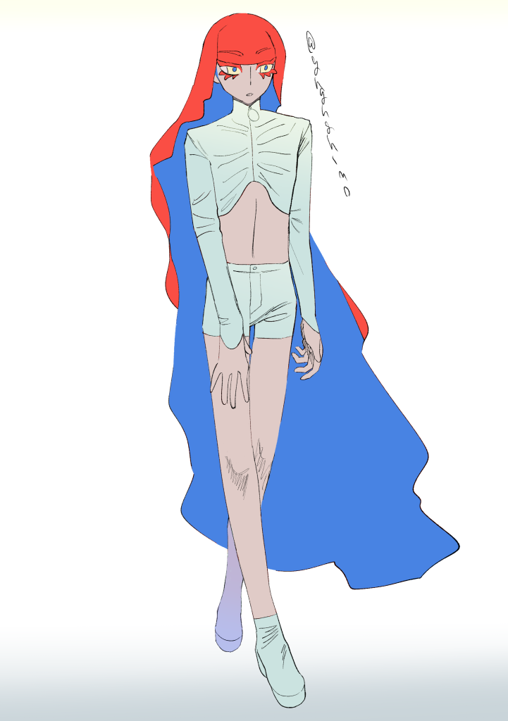 このサイトで赤い人と呼んでいる人物が中央に立っている絵。髪が布のようになびいている。外側の赤と内側の青のコントラストが強い。