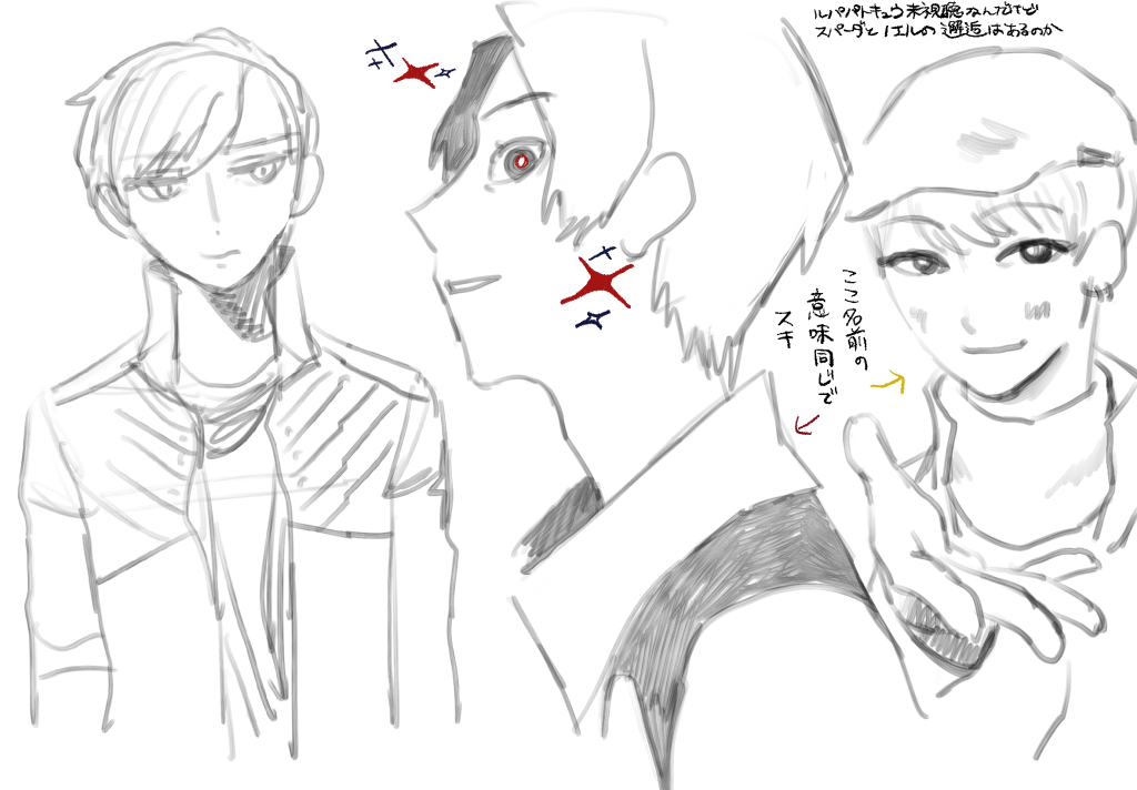 左から、キュウレンジャーのスティンガー、ツルギ、スパーダのラフな絵。 ツルギは横を向いたバストアップだが、目はこちらを見ている。