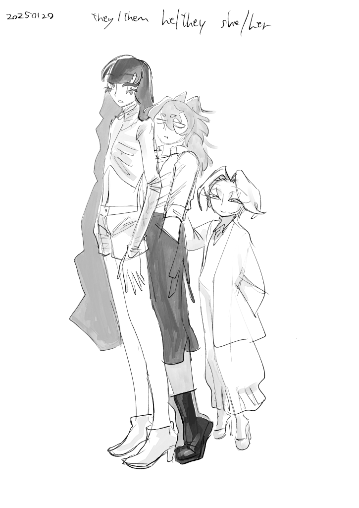 それぞれこのサイトで“赤い人”、“店番”、“白い人”と呼んでいる人物が、左から背が高い順に並んでいる絵。ペンが少しざらざらした質感で、塗りは透明度の高いマーカーのようなデジタルブラシで塗られている。 左から、それぞれのキャラの頭上に“they/them”,”he/they”,”she/her”と書かれている。